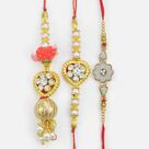 Heart Shape Pattern Bhaiya Bhabhi Rakhis Set with Floral Shape Extra Brother Rakhi
