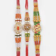 Round Shape Sandalwood and White Beaded Mauli Brother Rakhi Set of 3