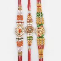 Round Shape Sandalwood and White Beaded Mauli Brother Rakhi Set of 3