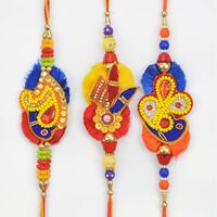 Red Blue and Yellow Colored Beautiful Looking Zardosi Three Brother Rakhis
