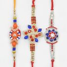 One Unique Design Zardosi Rakhi and Two Astonish Jewel Rakhis for Brothers Set of 3