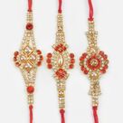 Cutting Pearl Studded in Mid of Jewel Shining Diamond Rakhi Set of 3