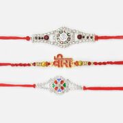 Veera Written in Hindi with Two Silver White Jewel Studded Attractive 3 Rakhis for Brother