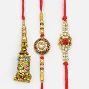 Golden Base Hand Meenakari Work and Jewel Two Amazing Brother Rakhi with One Fancy Bhabhi Rakhi Set