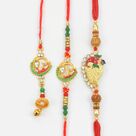 Two Peacock Designer Bhaiya Bhabhi Rakhis Set with One Shri Ganesha on Leaf Brother Rakhi