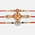 Pearl and Jewel Studded Amazing Rakhi with Swastika and Peacock Brother Rakhis Set of 3