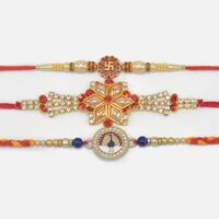 Pearl and Jewel Studded Amazing Rakhi with Swastika and Peacock Brother Rakhis Set of 3
