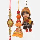 Zardosi Work Lumba Rakhi with Ganesha Divine Jewel Rakhi and Doll Girl Kid Rakhi Set of 3