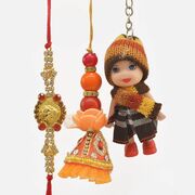 Zardosi Work Lumba Rakhi with Ganesha Divine Jewel Rakhi and Doll Girl Kid Rakhi Set of 3
