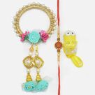 Kada Type Flower Design Lumba Rakhi with Sandalwood Om Rakhi and Minions Kid Rakhi Set of 3