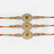 Jewel Studded Golden Marvelous Divine Ik Onkar Sikh Rakhis for 3 Brothers