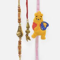 Auspicious Shivling Brother Rakhi with Golden Leaf Lumba Rakhi and Pooh Cartoon Kid Rakhi