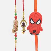 Radhey Krishna Fined Work Brother Rakhi with Lumba Bhabhi Rakhi and Spiderman Kid Rakhi Set of Family