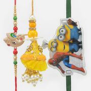Rakhi Set for Family with Ganesha Brother Rakhi Yellow Lumba Rakhi and Minions Spiderman Kid Rakhi