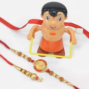 Golden Color Bhaiya Bhabhi Rakhi Set with Walking Chhota Bheem Toy Rakhi Set of Family