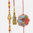 Lord Shiva Symbol Auspicious Rakhi with Designer Lumba Rakhi and Motu Patlu Kid Rakhi Set of 3
