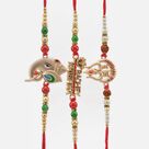 Set of Divine Marvelous Rakhis of Shri Ganesha Radhe Krishna and Trishul Rakhis Set of 3