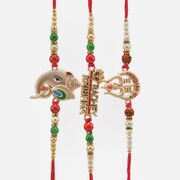 Set of Divine Marvelous Rakhis of Shri Ganesha Radhe Krishna and Trishul Rakhis Set of 3