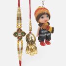 Meenakari Work Designer Brother Rakhi with Marvelous Lumba Rakhi and Doll Girl Kid Rakhi Set for Family