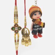 Meenakari Work Designer Brother Rakhi with Marvelous Lumba Rakhi and Doll Girl Kid Rakhi Set for Family