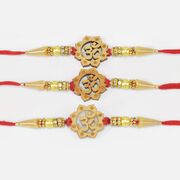 Flower Designed Auspicious Om Sandalwood Beaded Marvelous Set of 3 Brother Rakhis