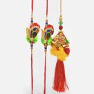 Zardosi Work Two Peacock Rakhis for Brother with Rich Looking Lumba Rakhi Set of 3