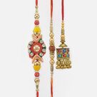 Zardosi Work Nice Looking Designer Rakhi with Rudraksha Rakhi and Lumba Rakhi for Bhabhi