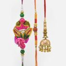 Zardosi Work and Rudraksha Rakhi for Brothers with One Amazing Lumba Rakhi Set of 3