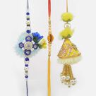 Bluish Color Zardosi Rakhi with Om Brother Rakhi and Lumba Rakhi for Bhabhi Set of 3