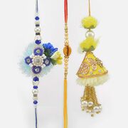 Bluish Color Zardosi Rakhi with Om Brother Rakhi and Lumba Rakhi for Bhabhi Set of 3