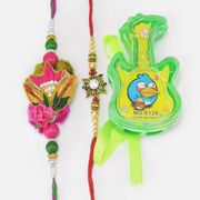 Colorful Zardosi Designed and Jewel Studded Beautiful Brother Rakhis with Guitar Kid Rakhi