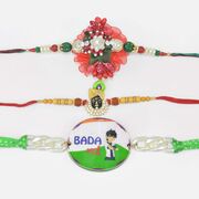 Red Color Zardosi Designed and God Brother Rakhis with Bada Bhai Written Kid Rakhis Set of 3