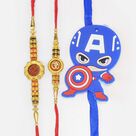 Rudraksha and Om Thread Brother Rakhis with Captain America Rakhi for Kid