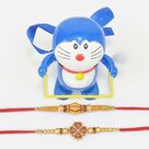 On Written on Flower and Big Bead Mauli Two Brother Rakhis with One Walking Doremon Kid Rakhi
