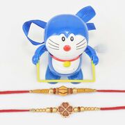 On Written on Flower and Big Bead Mauli Two Brother Rakhis with One Walking Doremon Kid Rakhi