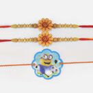 Two Flower Designed Sandalwood Mauli Rakhis for Brother with Minion Rakhi for Kid