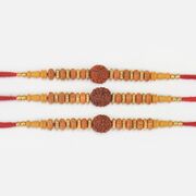 Rudraksha in Mid of Sandalwood Beads Nicely Crafted Amazing Rakhis Set for 3 Brothers