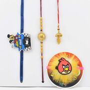 Mickey Mouse and Angry Birds Kid Rakhis with Gold pair of Bhaiya Bhai Rakhi