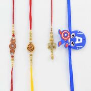 Floral Shape 3 Golden Rakhis with 1 Kid Rakhi.