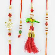 Two Amazin Brother Rakhis with Parrot Design and Beaded Lumba Rakhis Set of 4
