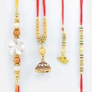 Flower and Jewel Pattern Two Brother Rakhis with Meena Work and Heart Shape Lumba Rakhis Set