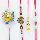 Peacock and Glass Bhai Rakhis with White Beads Lumba Rakhi and Minions Kid Rakhi Set of 4