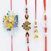 Peacock and Glass Bhai Rakhis with White Beads Lumba Rakhi and Minions Kid Rakhi Set of 4