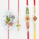 Meena Work and Om Flower Pattern Two Brother Rakhis with Tom and Jerry Kid Rakhi and Lumba Rakhi for Bhabhi