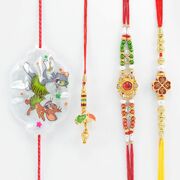 Meena Work and Om Flower Pattern Two Brother Rakhis with Tom and Jerry Kid Rakhi and Lumba Rakhi for Bhabhi
