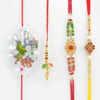 Meena Work and Om Flower Pattern Two Brother Rakhis with Tom and Jerry Kid Rakhi and Lumba Rakhi for Bhabhi