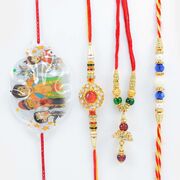 Red Stone Studded and Colored Beads Bhaiya Rakhi with Lumba Multi Threaded Rakhi and Chhota Bheem Kid Rakhi
