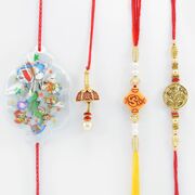 Om Written and Golden Patter Bhai Rakhis with Umbrella Pattern Bhabhi and Cartoon Kid Rakhi Set of 4