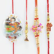 Auspicious Kanha and Veera Written Brother Rakhis with Triangle Shape Lumba and Chhota Bheem Kid Rakhi