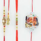 Meenakari Work and Mauli Thread Stunning Brother Rakhis with Ganesha Kid Rakhi and Diamond Lumba Rakhi